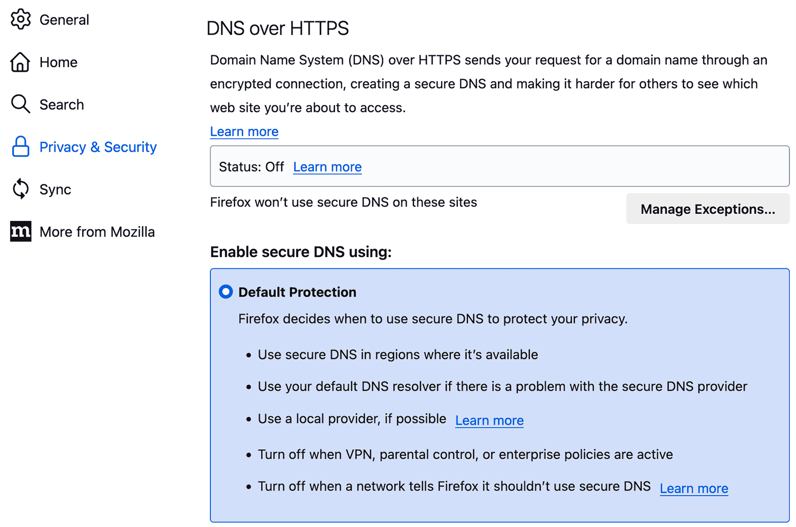 Firefox - Settings - Privacy &amp; Security - DNS over HTTPS settings