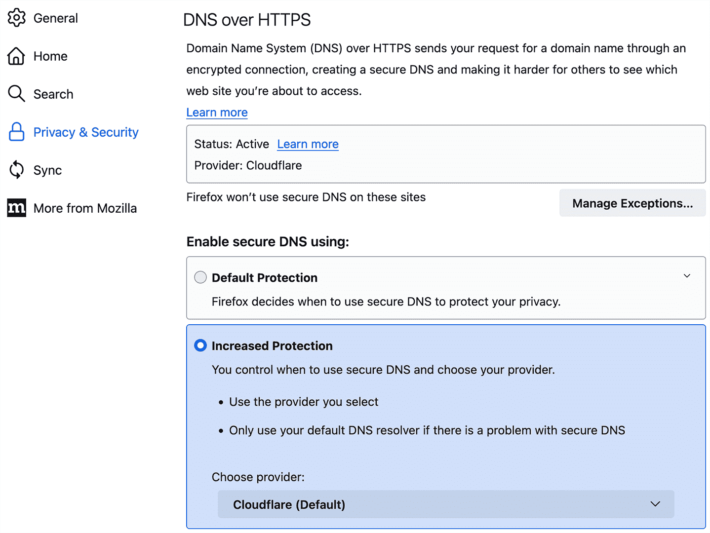 Firefox - Settings - Privacy &amp; Security - DNS over HTTPS - Increased Protection