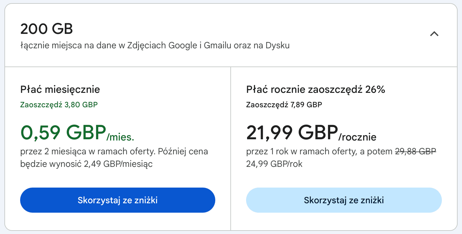 200GB na przestrzeń dyskową Google w promocji